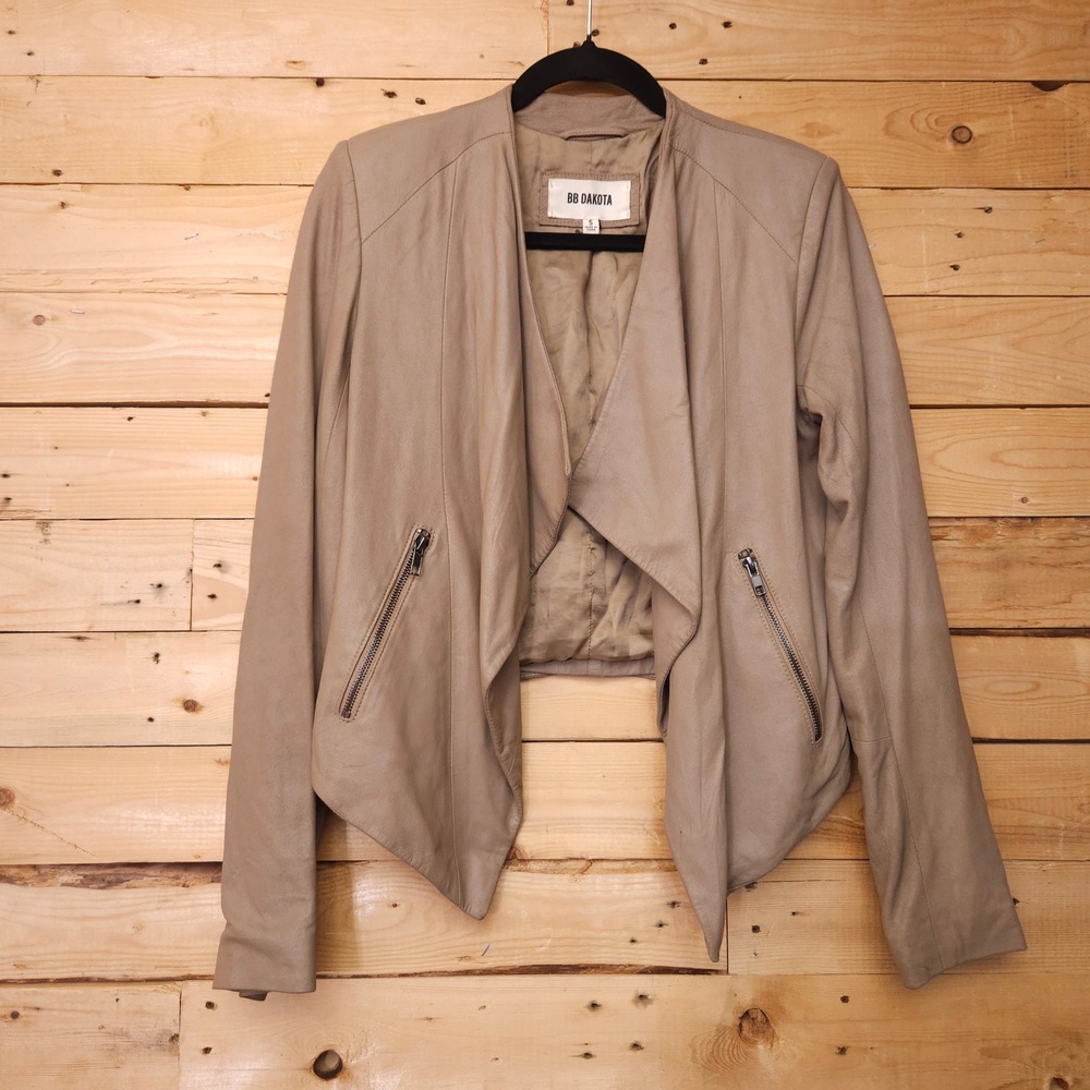 BB Dakota Womens‎ Taupe Tan 100% Leather Drape Front Jacket Small Moto